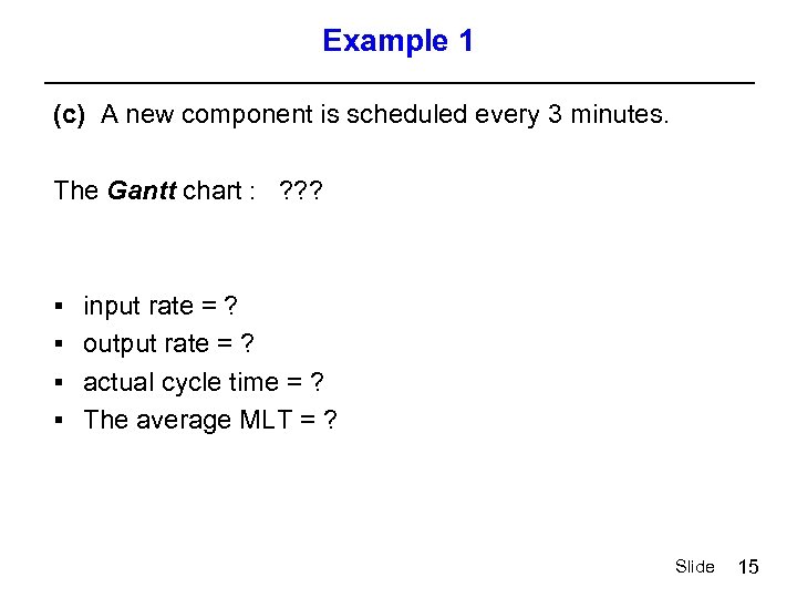 Example 1 (c) A new component is scheduled every 3 minutes. The Gantt chart