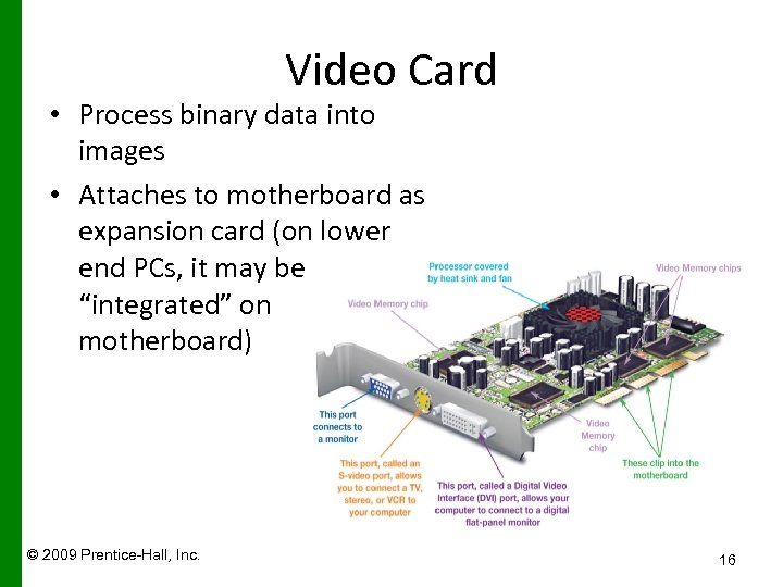 Video Card • Process binary data into images • Attaches to motherboard as expansion