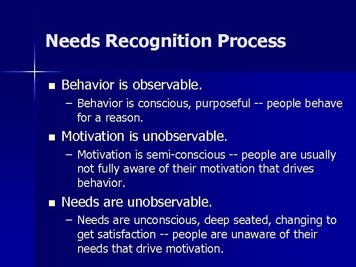 Needs Recognition Process n Behavior is observable. – Behavior is conscious, purposeful -- people