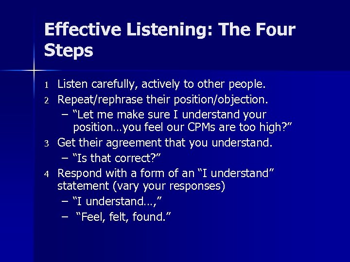 Effective Listening: The Four Steps 1 2 3 4 Listen carefully, actively to other