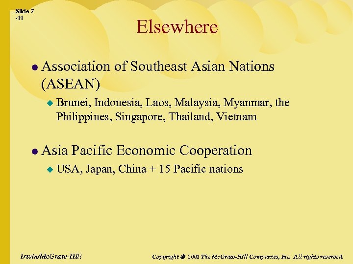 Slide 7 -11 Elsewhere l Association of Southeast Asian Nations (ASEAN) u Brunei, Indonesia,