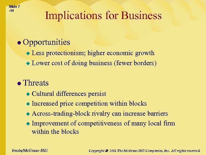 Slide 7 -14 Implications for Business l Opportunities Less protectionism; higher economic growth u