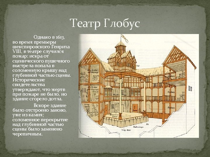 Театр Глобус Однако в 1613, во время премьеры шекспировского Генриха VIII, в театре случился