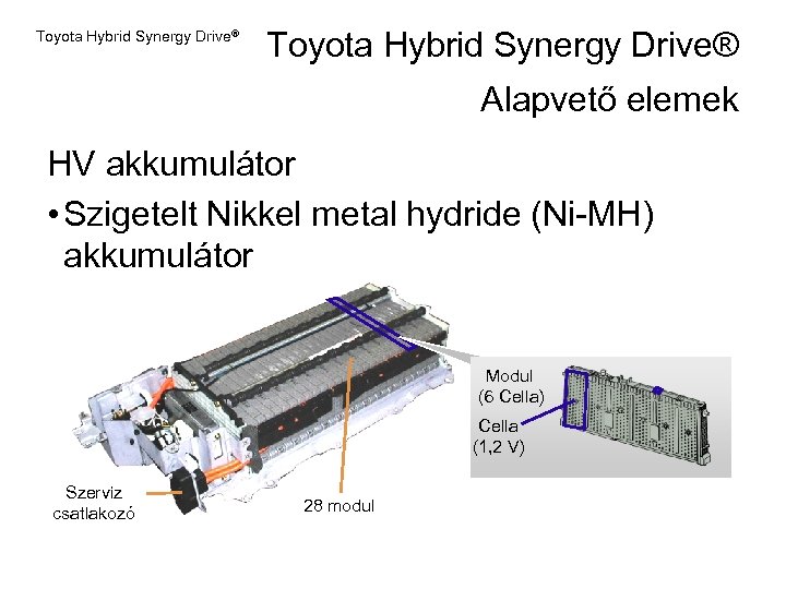 Toyota Hybrid Synergy Drive® Alapvető elemek HV akkumulátor • Szigetelt Nikkel metal hydride (Ni-MH)