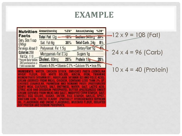 EXAMPLE 12 x 9 = 108 (Fat) 24 x 4 = 96 (Carb) 10