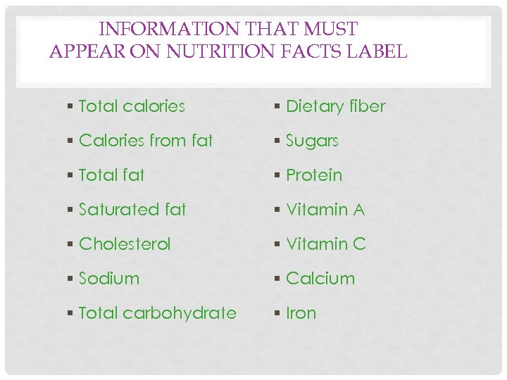INFORMATION THAT MUST APPEAR ON NUTRITION FACTS LABEL § Total calories § Dietary fiber
