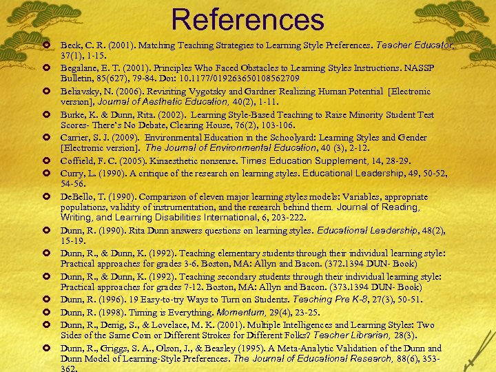 References £ Beck, C. R. (2001). Matching Teaching Strategies to Learning Style Preferences. Teacher