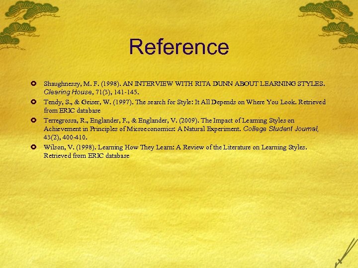 Reference £ Shaughnessy, M. F. (1998). AN INTERVIEW WITH RITA DUNN ABOUT LEARNING STYLES.