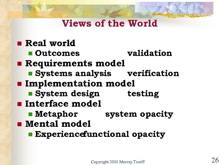Views of the World n Real world n n verification System design testing Interface