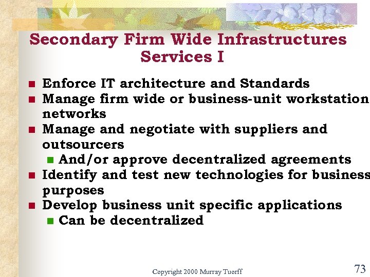 Secondary Firm Wide Infrastructures Services I n n n Enforce IT architecture and Standards