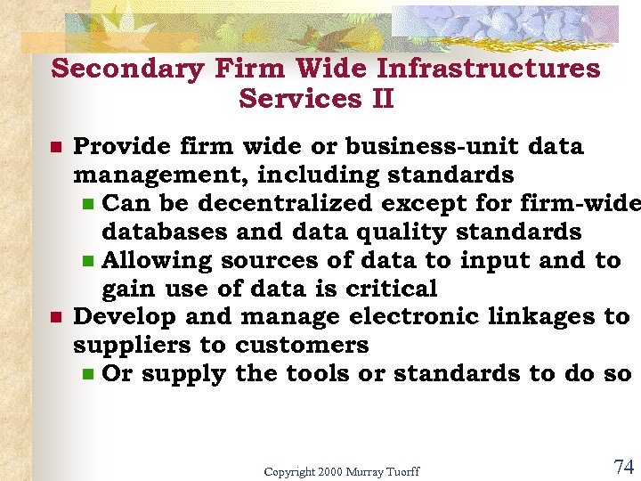 Secondary Firm Wide Infrastructures Services II n n Provide firm wide or business-unit data