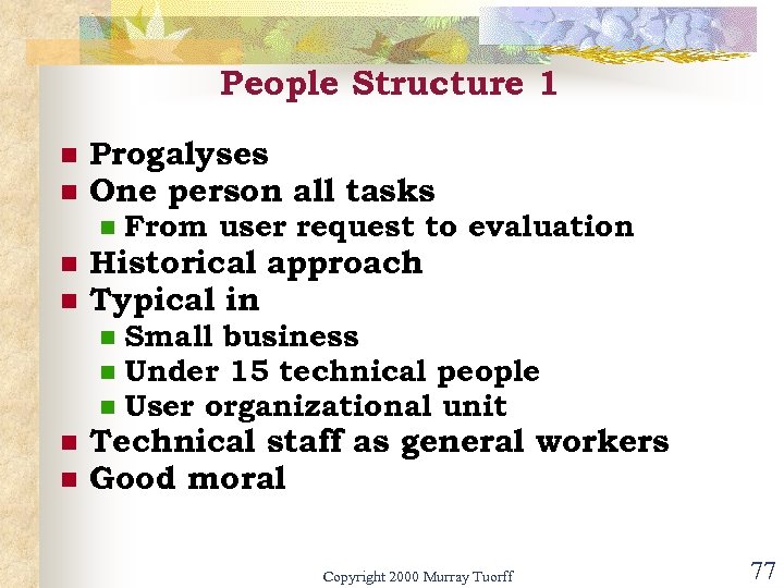 People Structure 1 n n Progalyses One person all tasks n n n Historical