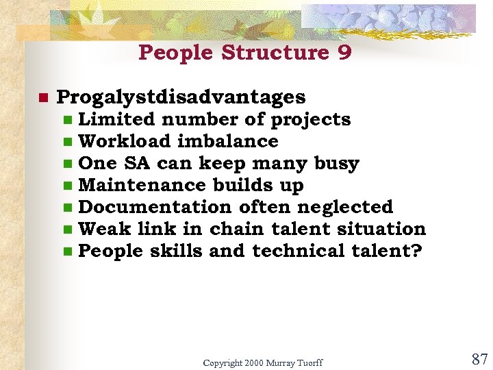 People Structure 9 n Progalystdisadvantages n n n n Limited number of projects Workload