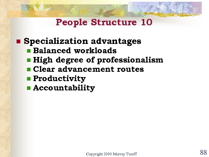 People Structure 10 n Specialization advantages n n n Balanced workloads High degree of