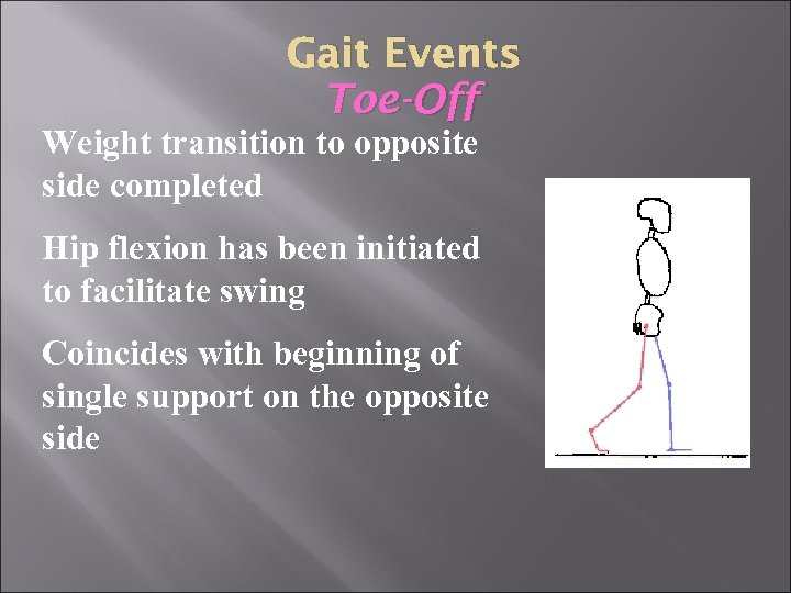 Gait Events Toe-Off Weight transition to opposite side completed Hip flexion has been initiated