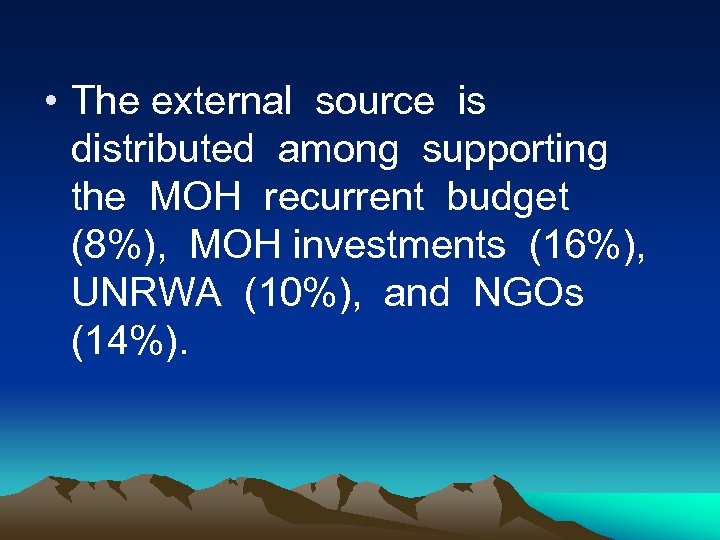  • The external source is distributed among supporting the MOH recurrent budget (8%),