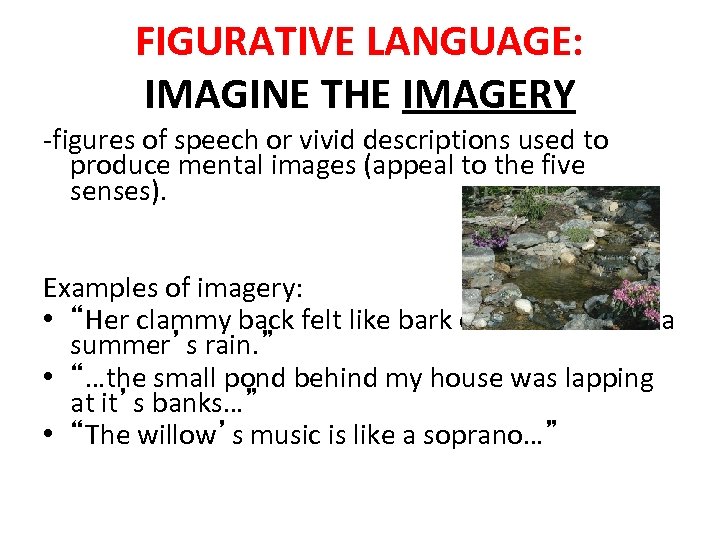 FIGURATIVE LANGUAGE: IMAGINE THE IMAGERY -figures of speech or vivid descriptions used to produce