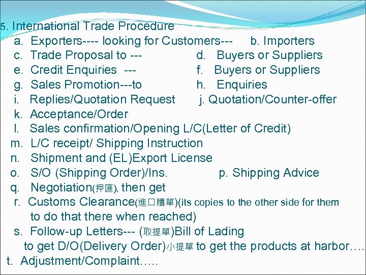 5. International Trade Procedure a. Exporters---- looking for Customers--- b. Importers c. Trade Proposal