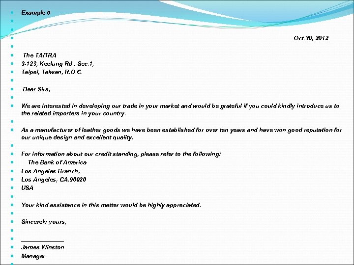  Example 5 Oct. 30, 2012 The TAITRA 3 -123, Keelung Rd. , Sec.