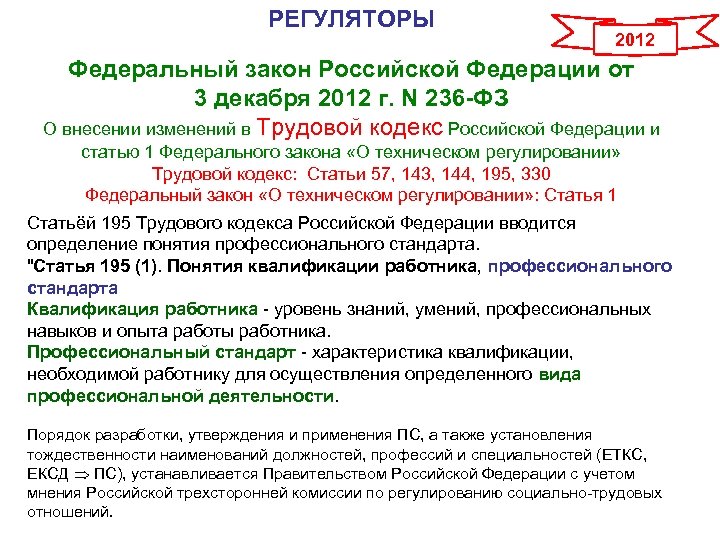 РЕГУЛЯТОРЫ 2012 Федеральный закон Российской Федерации от 3 декабря 2012 г. N 236 -ФЗ