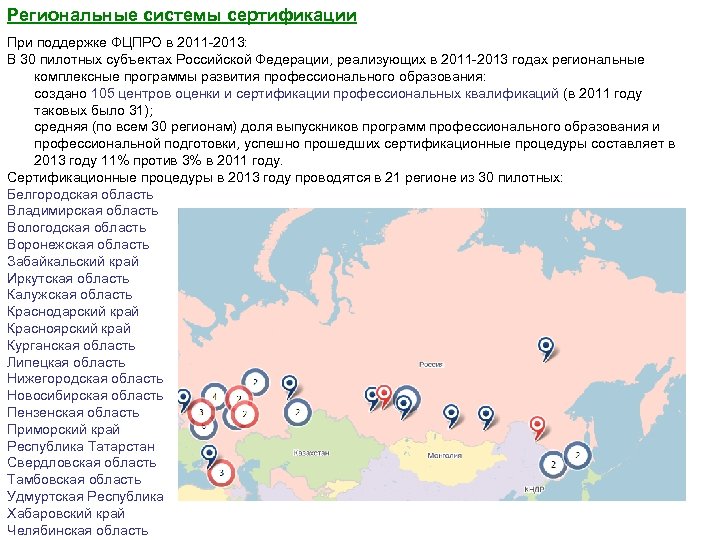 Региональные системы сертификации При поддержке ФЦПРО в 2011 -2013: В 30 пилотных субъектах Российской