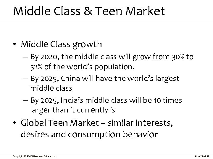 Middle Class & Teen Market • Middle Class growth – By 2020, the middle