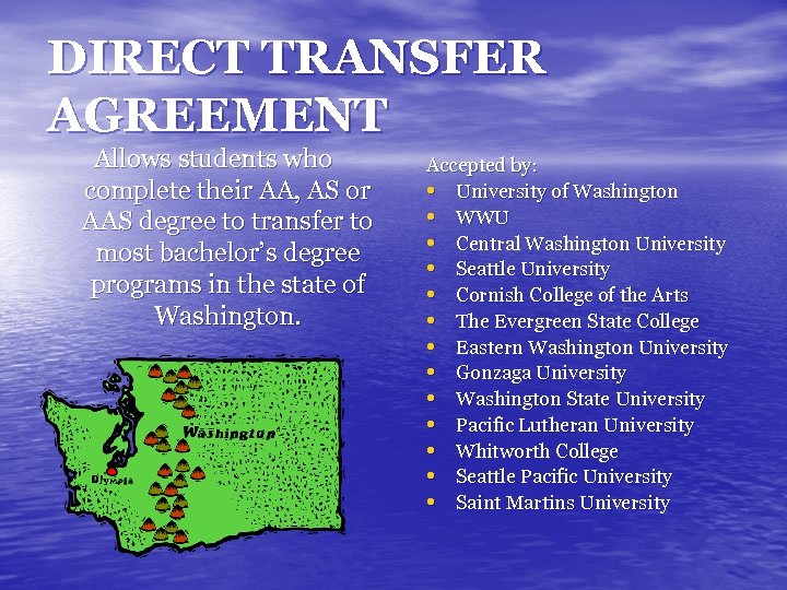 DIRECT TRANSFER AGREEMENT Allows students who complete their AA, AS or AAS degree to