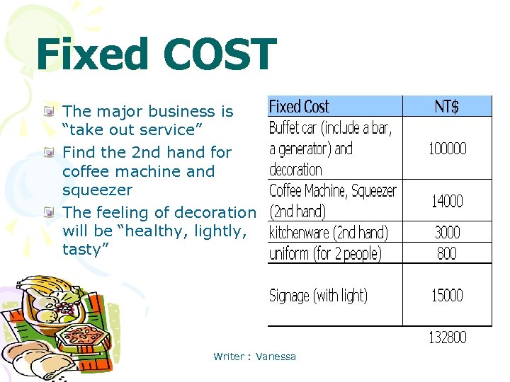 Fixed COST The major business is “take out service” Find the 2 nd hand