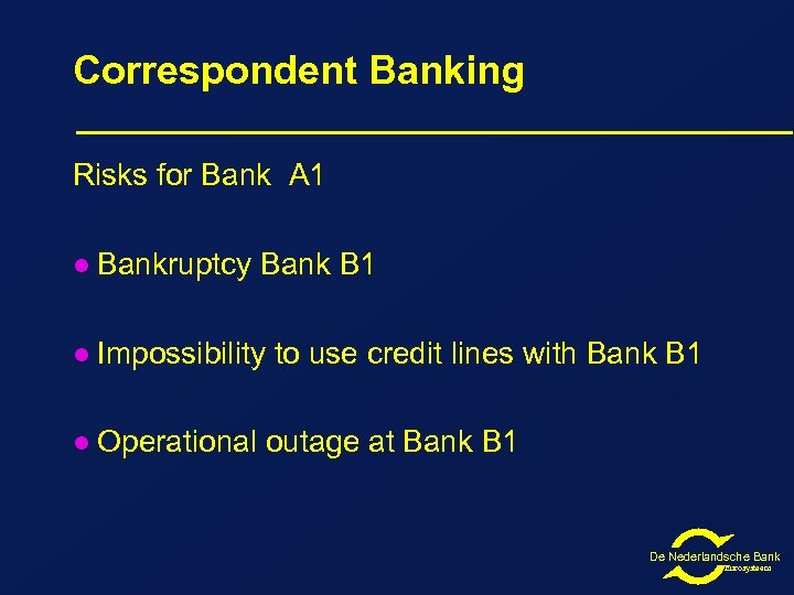 Correspondent Banking Risks for Bank A 1 l Bankruptcy Bank B 1 l Impossibility