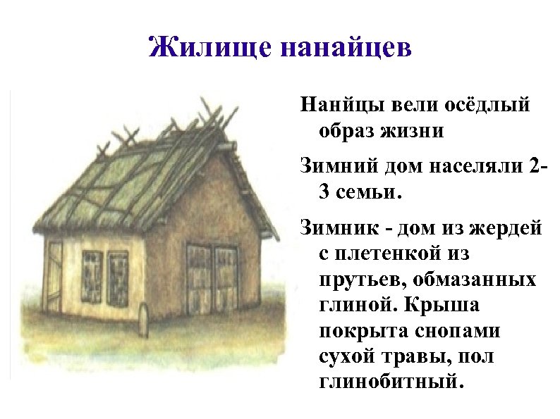 Жилище нанайцев Нанйцы вели осёдлый образ жизни Зимний дом населяли 23 семьи. Зимник -