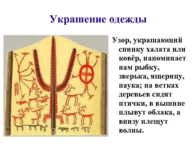 Украшение одежды Узор, украшающий спинку халата или ковёр, напоминает нам рыбку, зверька, ящерицу, паука;