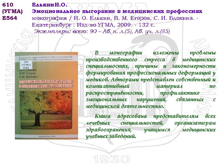 610 (УГМА) Е 564 Елькин И. О. Эмоциональное выгорание в медицинских профессиях : монография