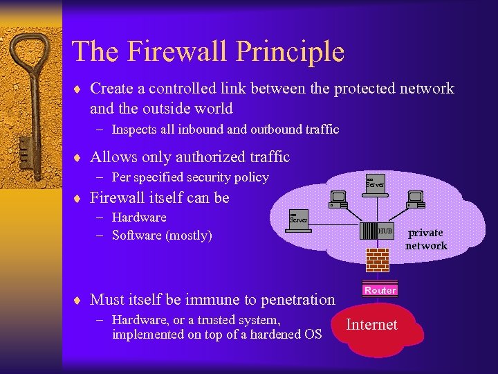 The Firewall Principle ¨ Create a controlled link between the protected network and the