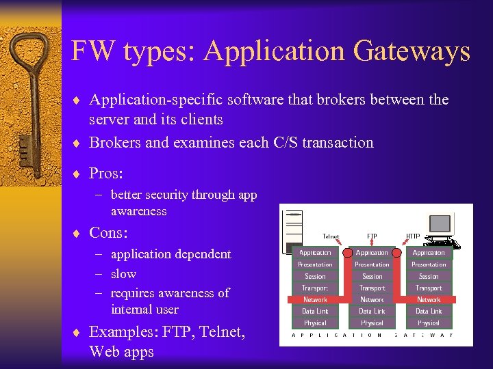FW types: Application Gateways ¨ Application-specific software that brokers between the server and its