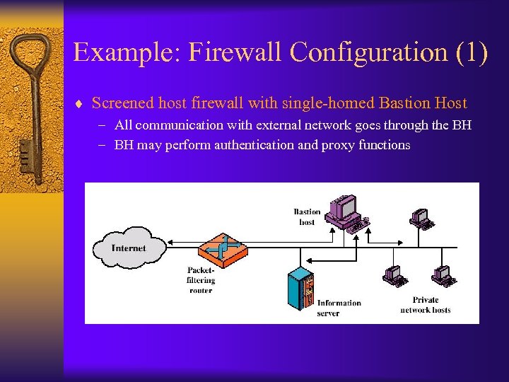 Example: Firewall Configuration (1) ¨ Screened host firewall with single-homed Bastion Host – All