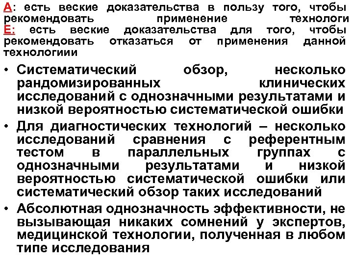 А: есть веские доказательства в пользу того, чтобы рекомендовать применение технологи Е: есть веские
