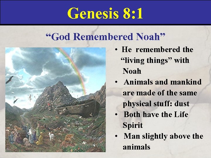 Genesis 8: 1 “God Remembered Noah” • He remembered the “living things” with Noah