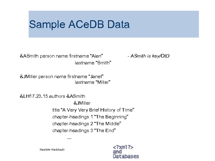 Sample ACe. DB Data &ASmith person name firstname “Alan” lastname “Smith” - ASmith is