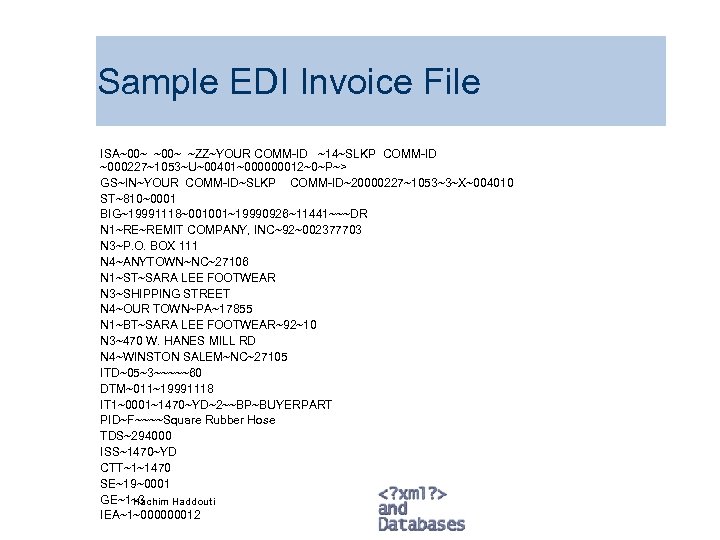 Sample EDI Invoice File ISA~00~ ~ZZ~YOUR COMM-ID ~14~SLKP COMM-ID ~000227~1053~U~00401~000000012~0~P~> GS~IN~YOUR COMM-ID~SLKP COMM-ID~20000227~1053~3~X~004010 ST~810~0001