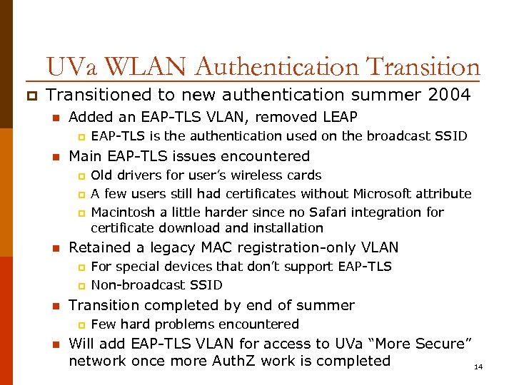 UVa WLAN Authentication Transition p Transitioned to new authentication summer 2004 n Added an