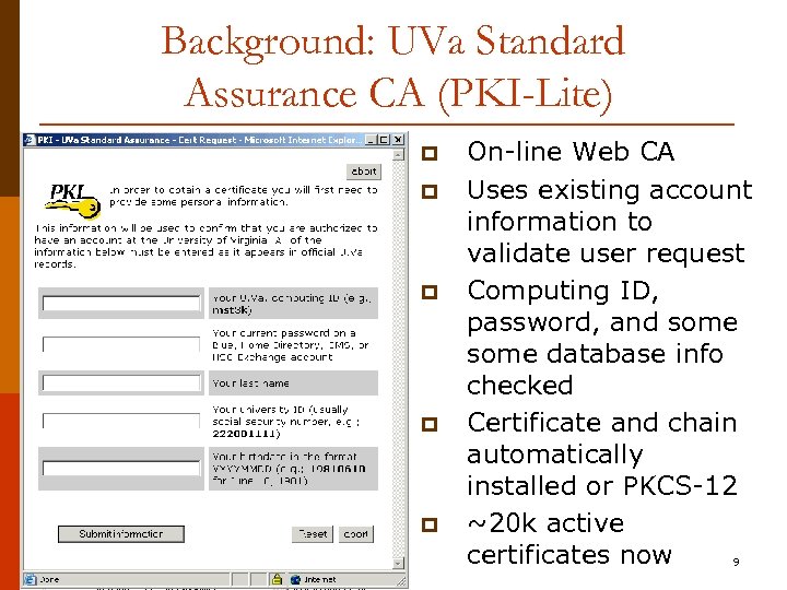 Background: UVa Standard Assurance CA (PKI-Lite) p p p On-line Web CA Uses existing