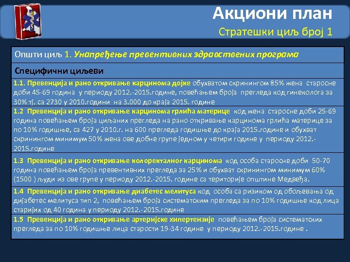 Акциони план Стратешки циљ број 1 Општи циљ 1. Унапређење превентивних здравствених програма Специфични