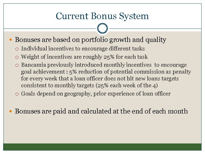 Current Bonus System Bonuses are based on portfolio growth and quality Individual incentives to