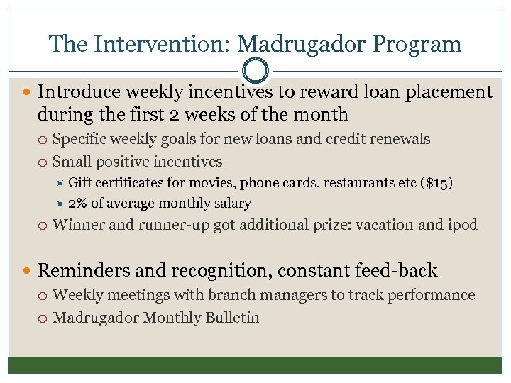 The Intervention: Madrugador Program Introduce weekly incentives to reward loan placement during the first