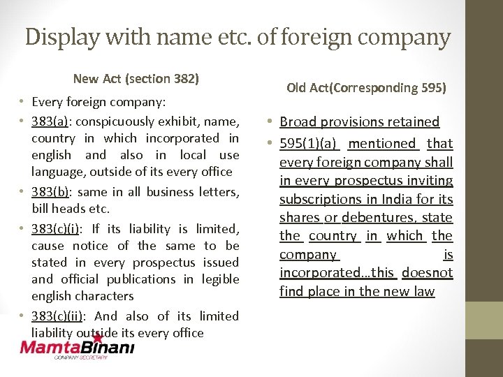 Display with name etc. of foreign company New Act (section 382) • Every foreign