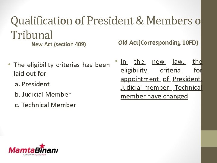 Qualification of President & Members of Tribunal Old Act(Corresponding 10 FD) New Act (section