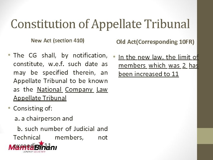Constitution of Appellate Tribunal New Act (section 410) Old Act(Corresponding 10 FR) • The