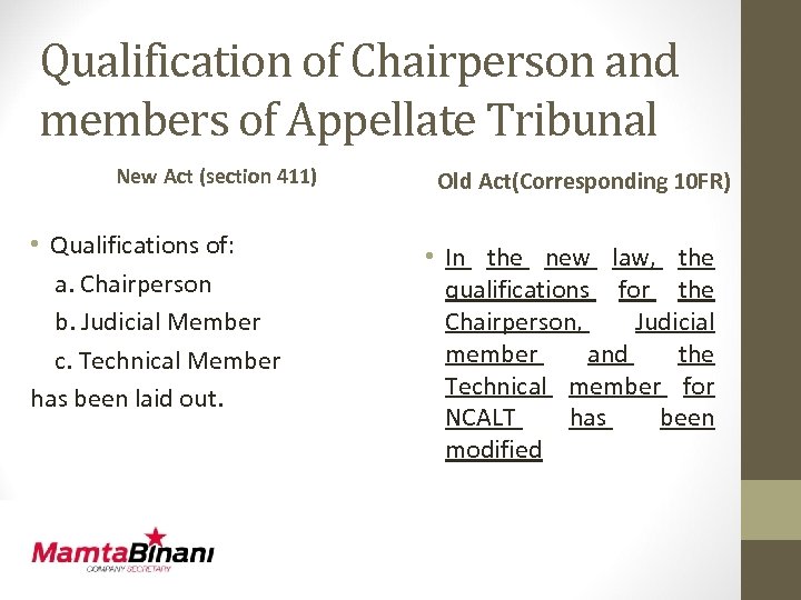 Qualification of Chairperson and members of Appellate Tribunal New Act (section 411) • Qualifications