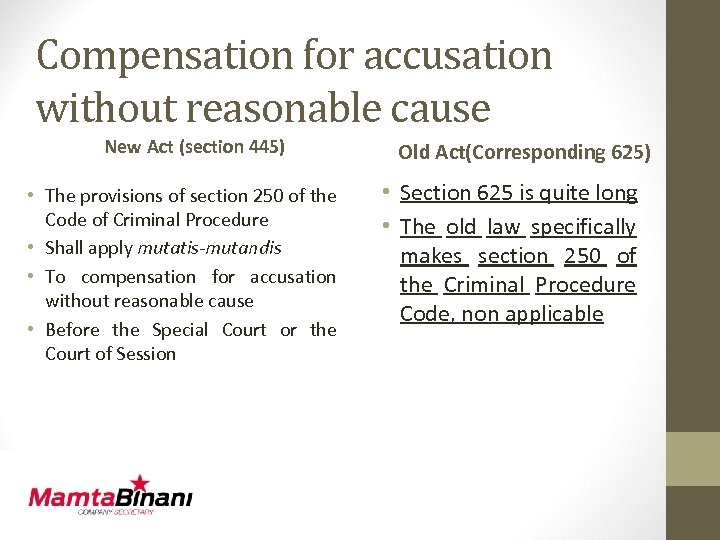 Compensation for accusation without reasonable cause New Act (section 445) • The provisions of
