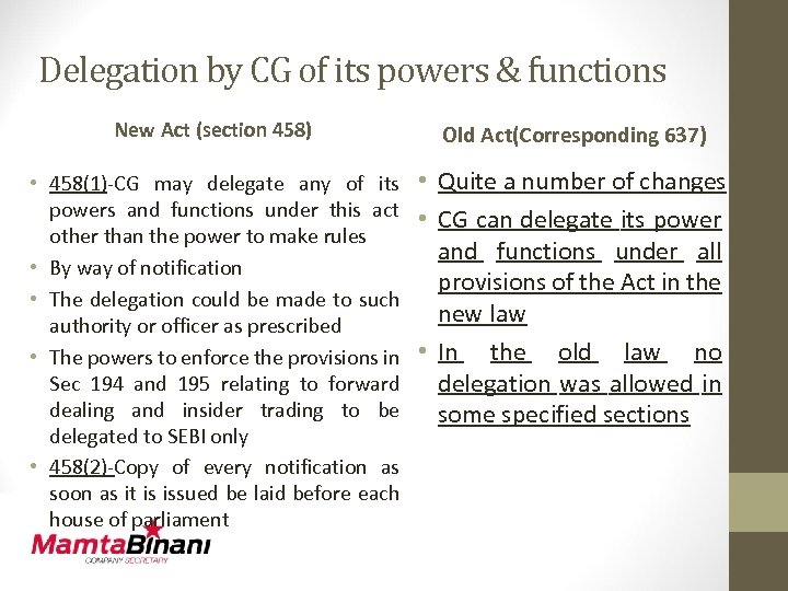 Delegation by CG of its powers & functions New Act (section 458) Old Act(Corresponding